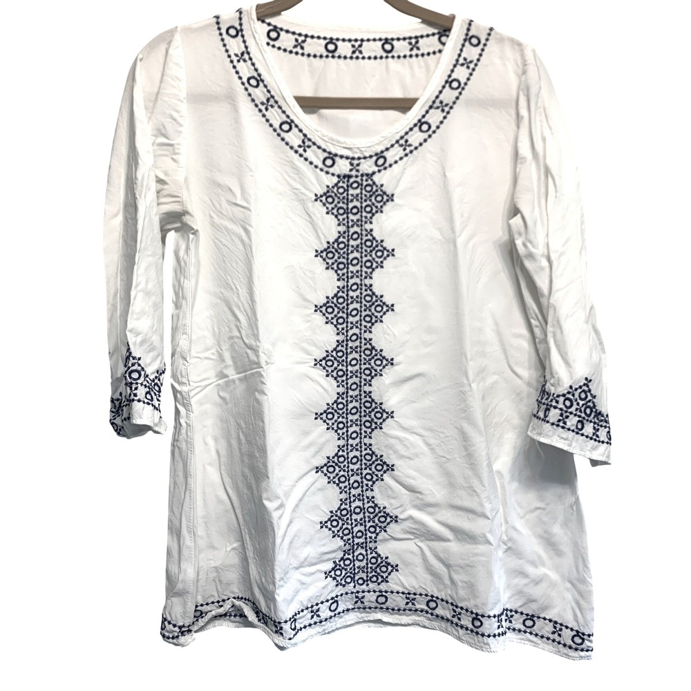 Unbranded Cotton Embroidered Tunic Top M White Blue Boho Peasant Coastal Folk